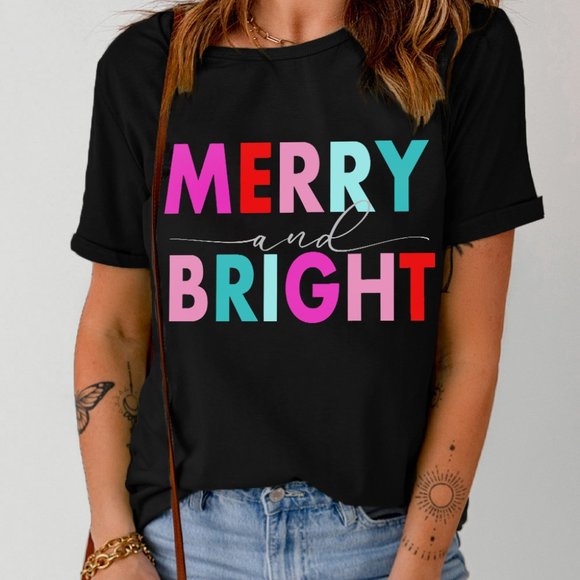 Black MERRY and BRIGHT Crew Neck Graphic Tee - Picture 3 of 8